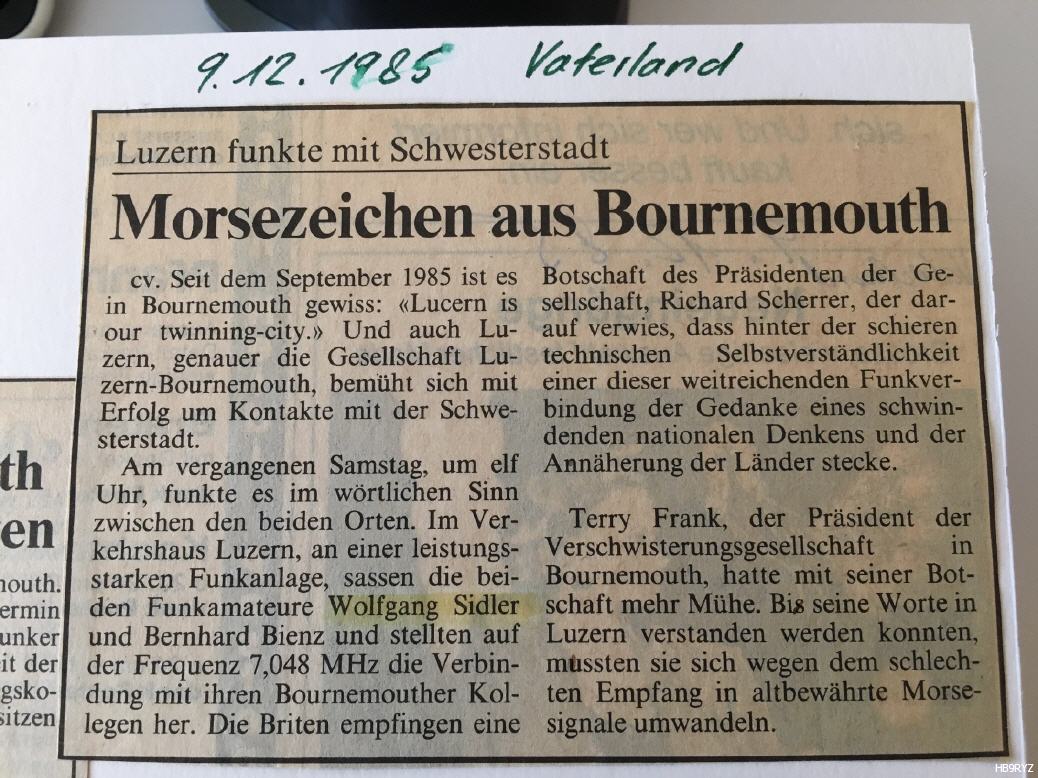 HB9O Verbindung nach England im September 1985